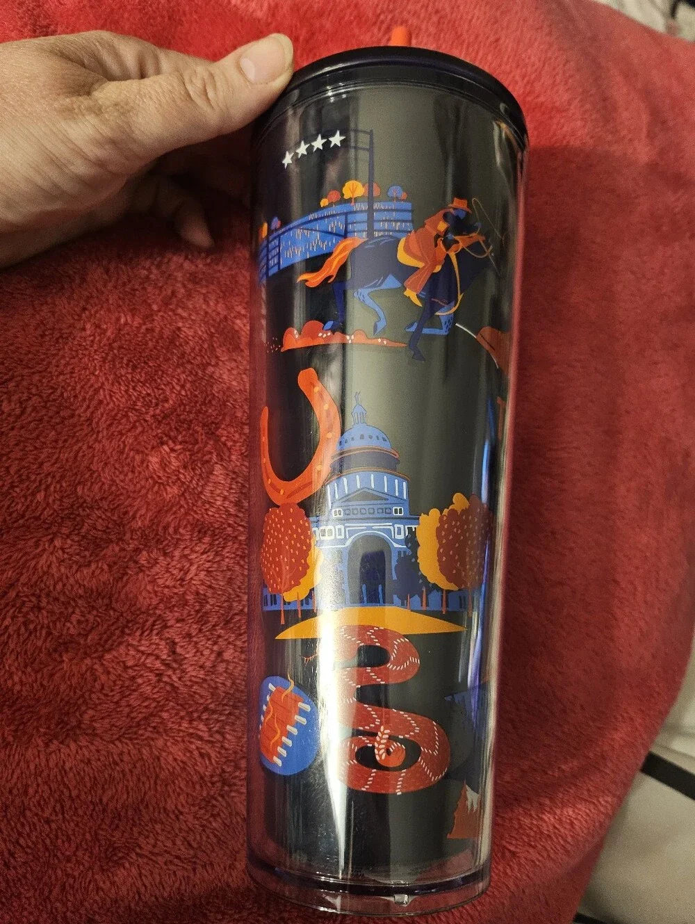Starbucks Navy Tumbler with Orange and Blue Texas Design